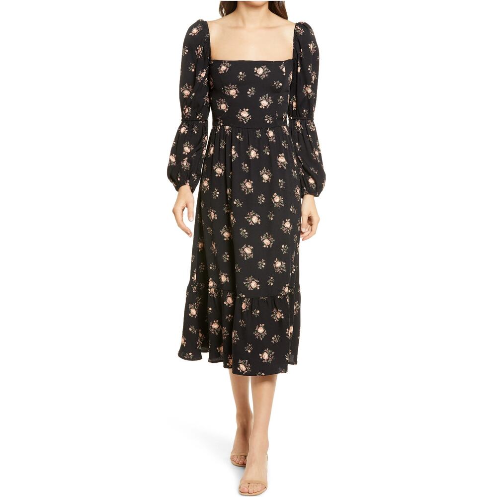 Reformation Black Floral Square-Neck Midi Dress